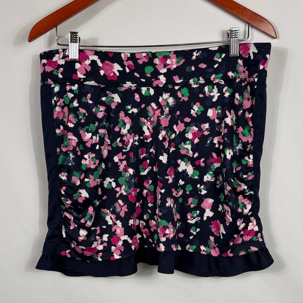 PGA Tour Navy Floral Golf Skirt with Ruffle bottom. Womens Size L. Shorts liner